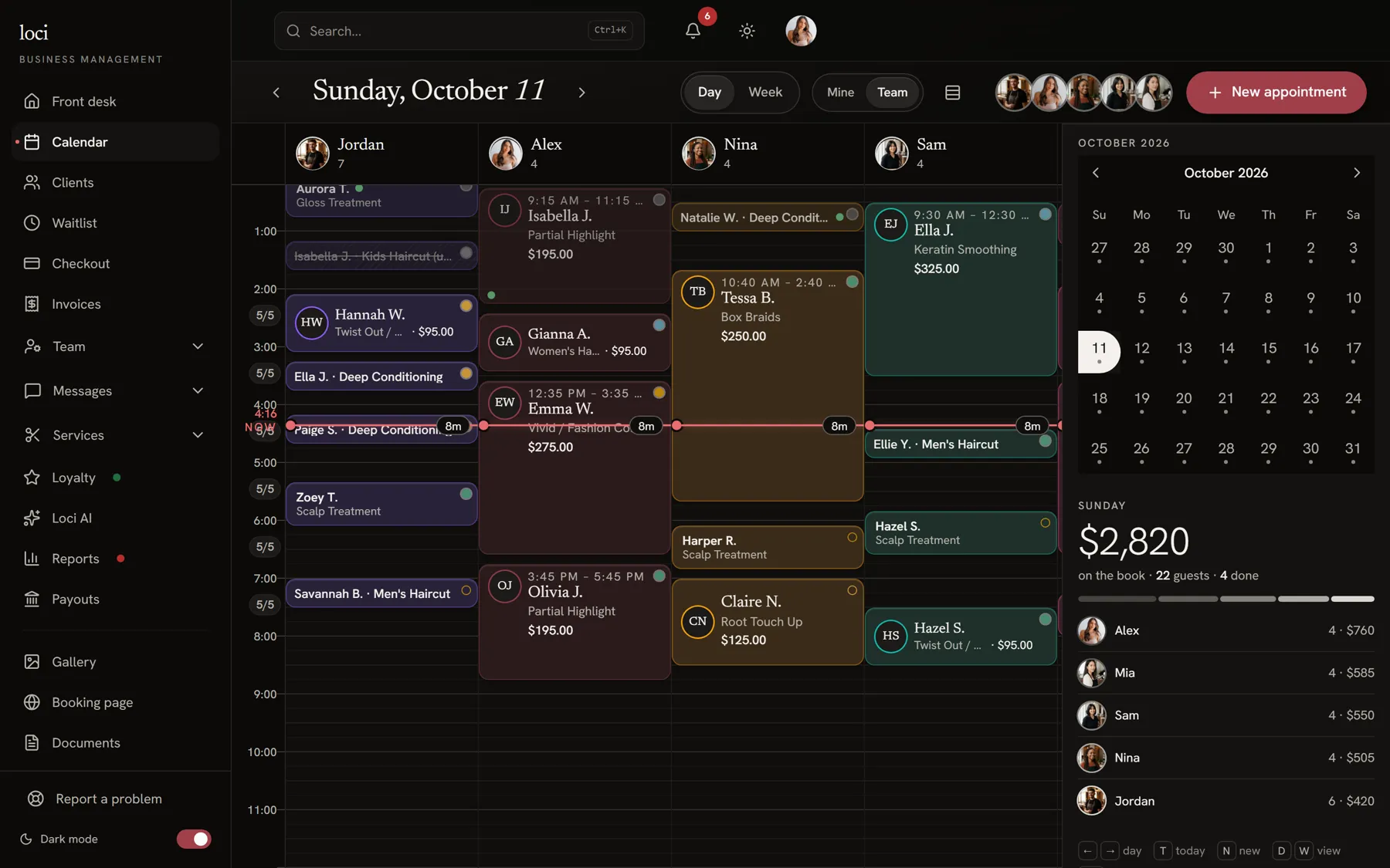 loci calendar on a laptop: five stylists side by side with the month beside them