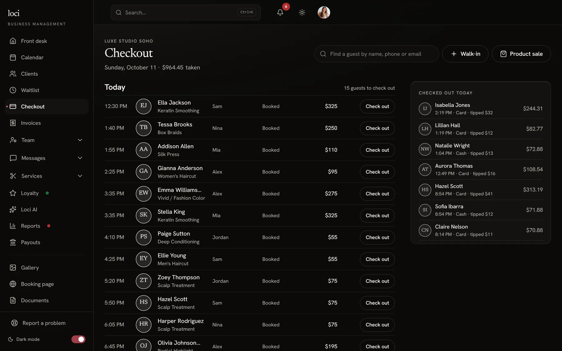 loci checkout on a laptop: the day's guests to check out and those already paid