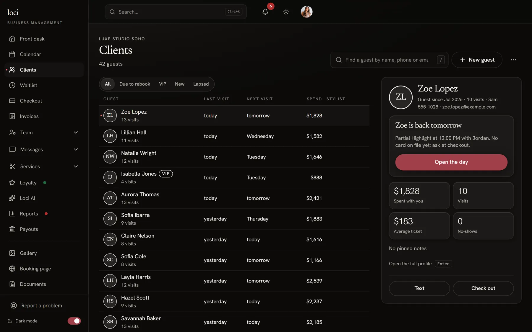 loci clients on a laptop: the list beside one guest's card