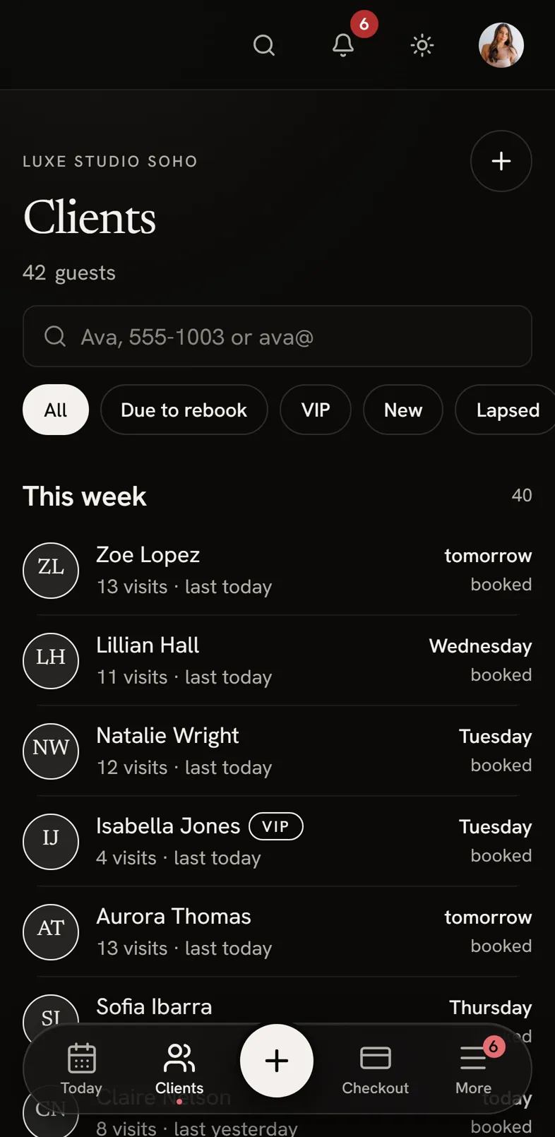 loci clients on a phone, filtered by who is due back
