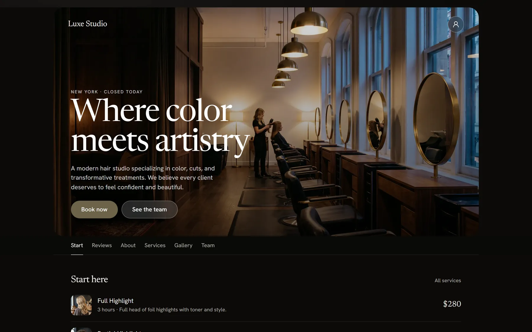 A salon's loci booking page on a laptop, with a photo of the salon