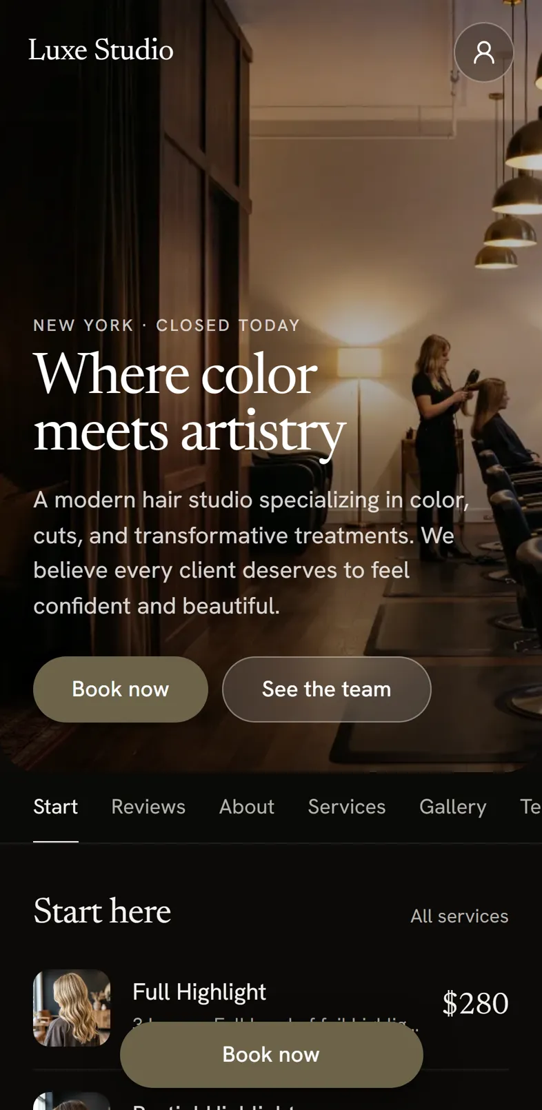 A salon's loci booking page on a phone