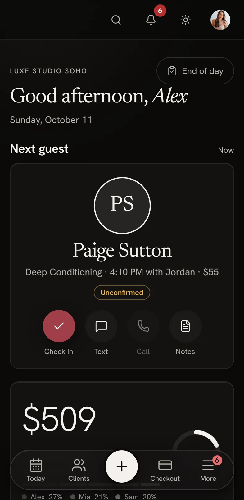 loci front desk on a phone: the next guest and the day's takings
